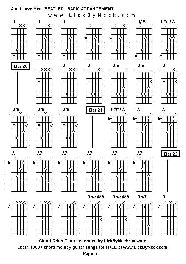 Chord Grids Chart of chord melody fingerstyle guitar song-And I Love Her - BEATLES - BASIC ARRANGEMENT,generated by LickByNeck software.